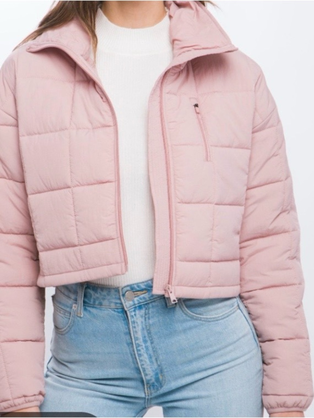 Love Tree Cropped Quilted Puffer Jacket - Light Pink